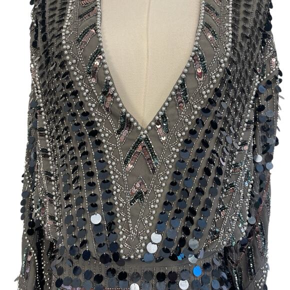 ASOS Design Plunge Neck Sequin Dress Womens Size 8 Gray Gatsby Tie Back Mini - Picture 3 of 9